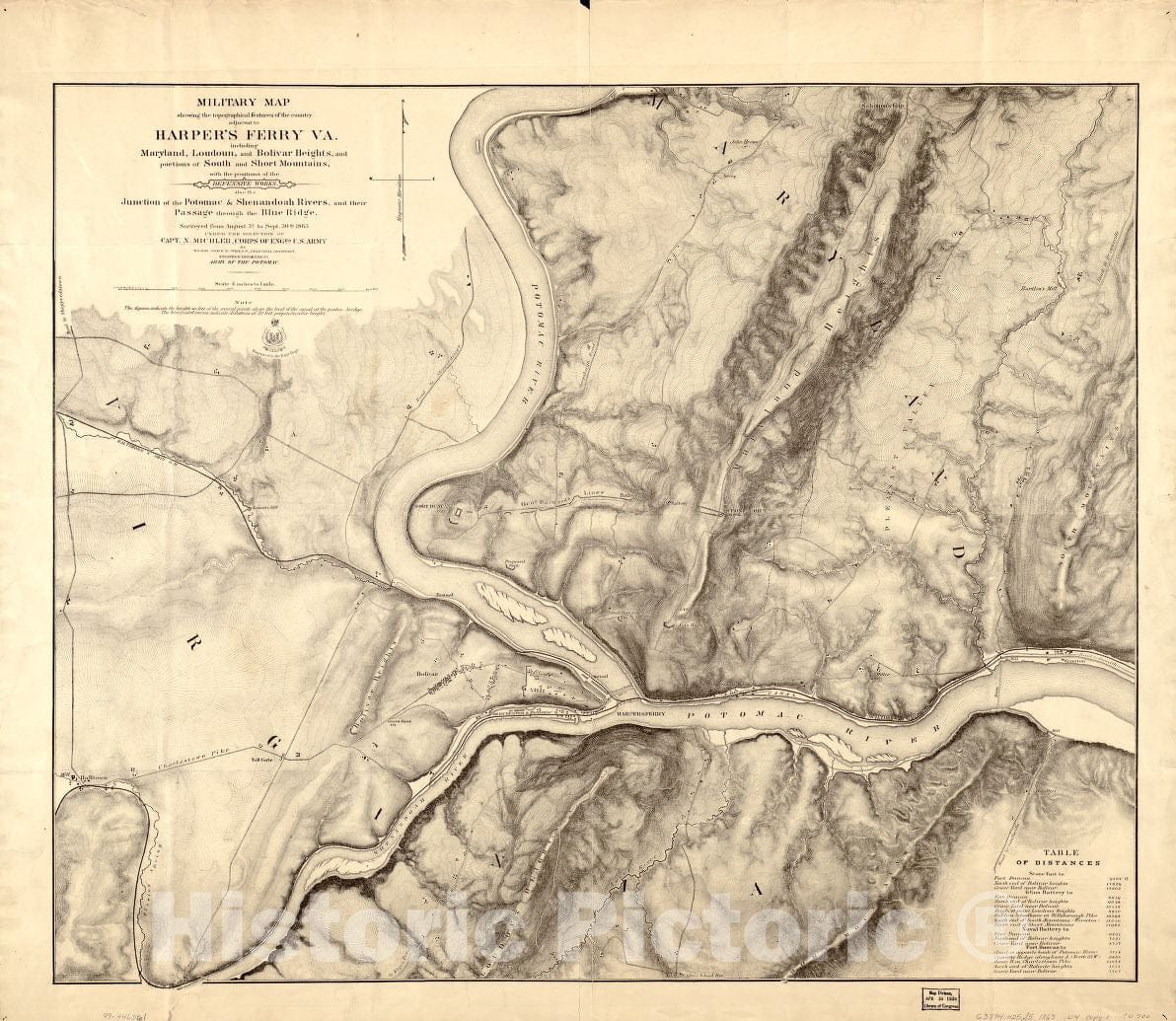 Historic 1863 Map - Military map Showing The Topographical Features of The Country Adjacent to Harper's Ferry, Va; Including Maryland, Loudoun, and Bolivar Heights, and portions of South