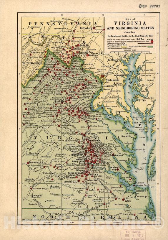 Historic 1912 Map - Map of Virginia and neighboring States Showing The Location of Battles in The Civil War 1861-1865.