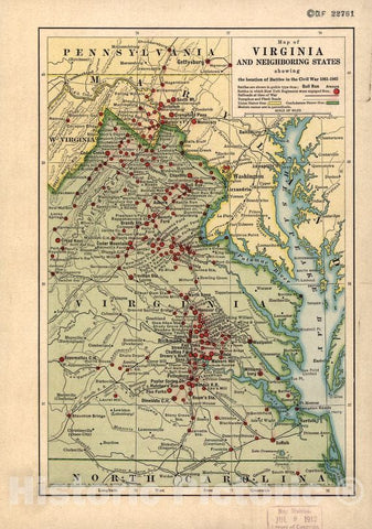 Historic 1912 Map - Map of Virginia and neighboring States Showing The Location of Battles in The Civil War 1861-1865.