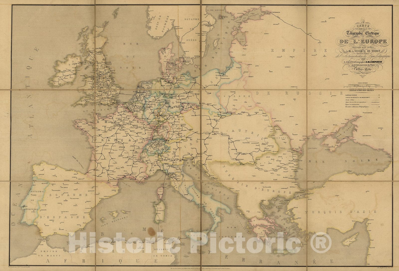 Historic Map - Carte de la tÃ©lÃ©graphie Ã©lectrique de l'Europe Map