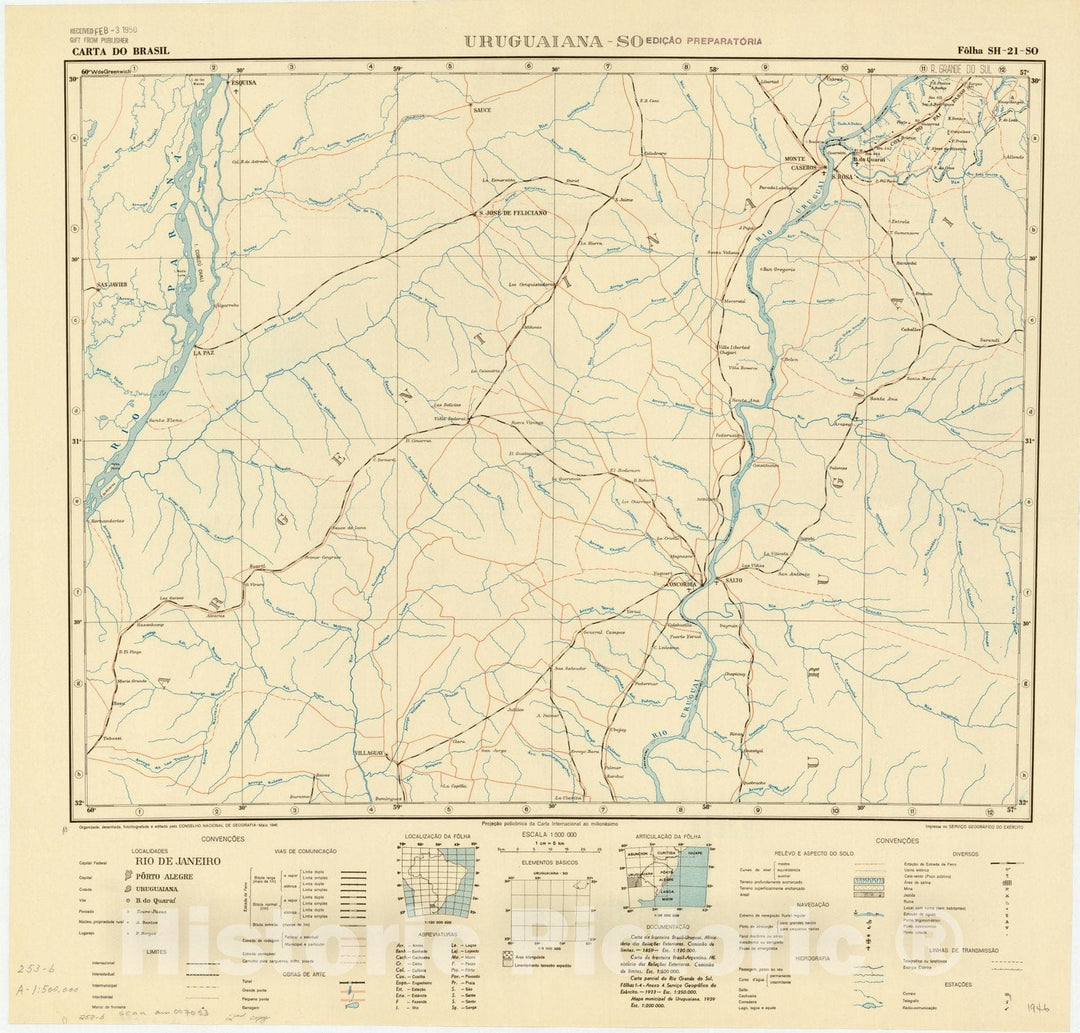 Map : Uruguaiana - SO, Brazil 1946, Carta do Brasil , Antique Vintage Reproduction