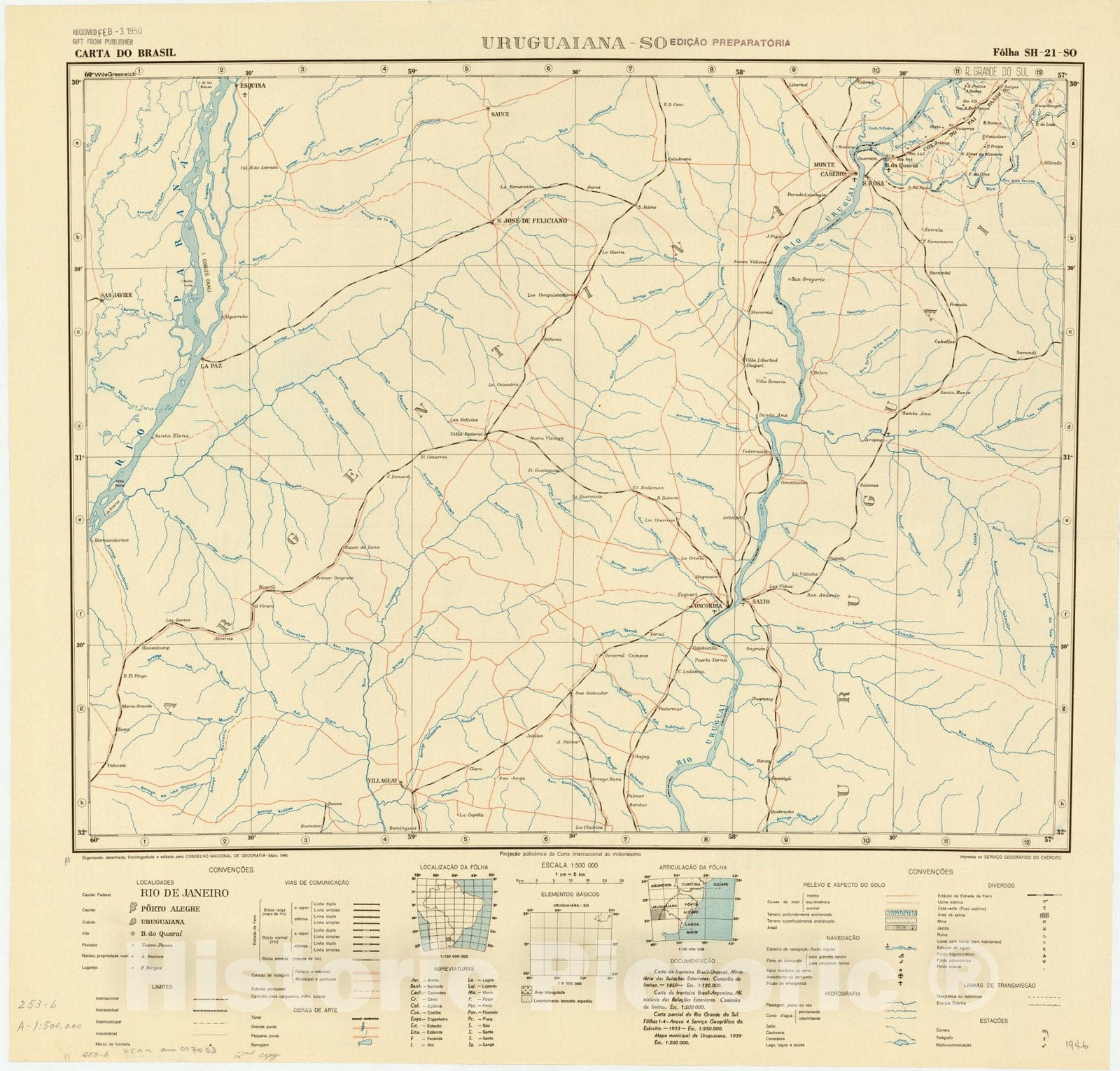 Map : Uruguaiana - SO, Brazil 1946, Carta do Brasil , Antique Vintage Reproduction