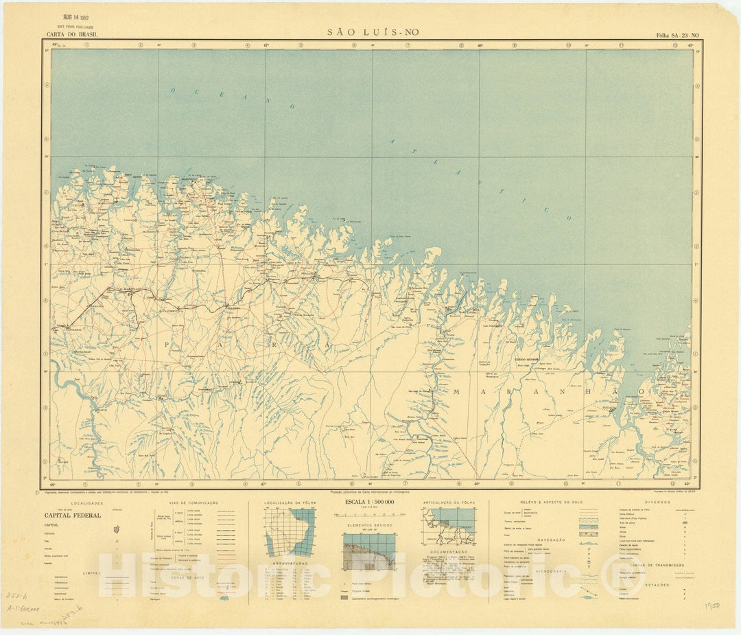 Map : Sao Luis - NO, Brazil 1950, Carta do Brasil , Antique Vintage Reproduction