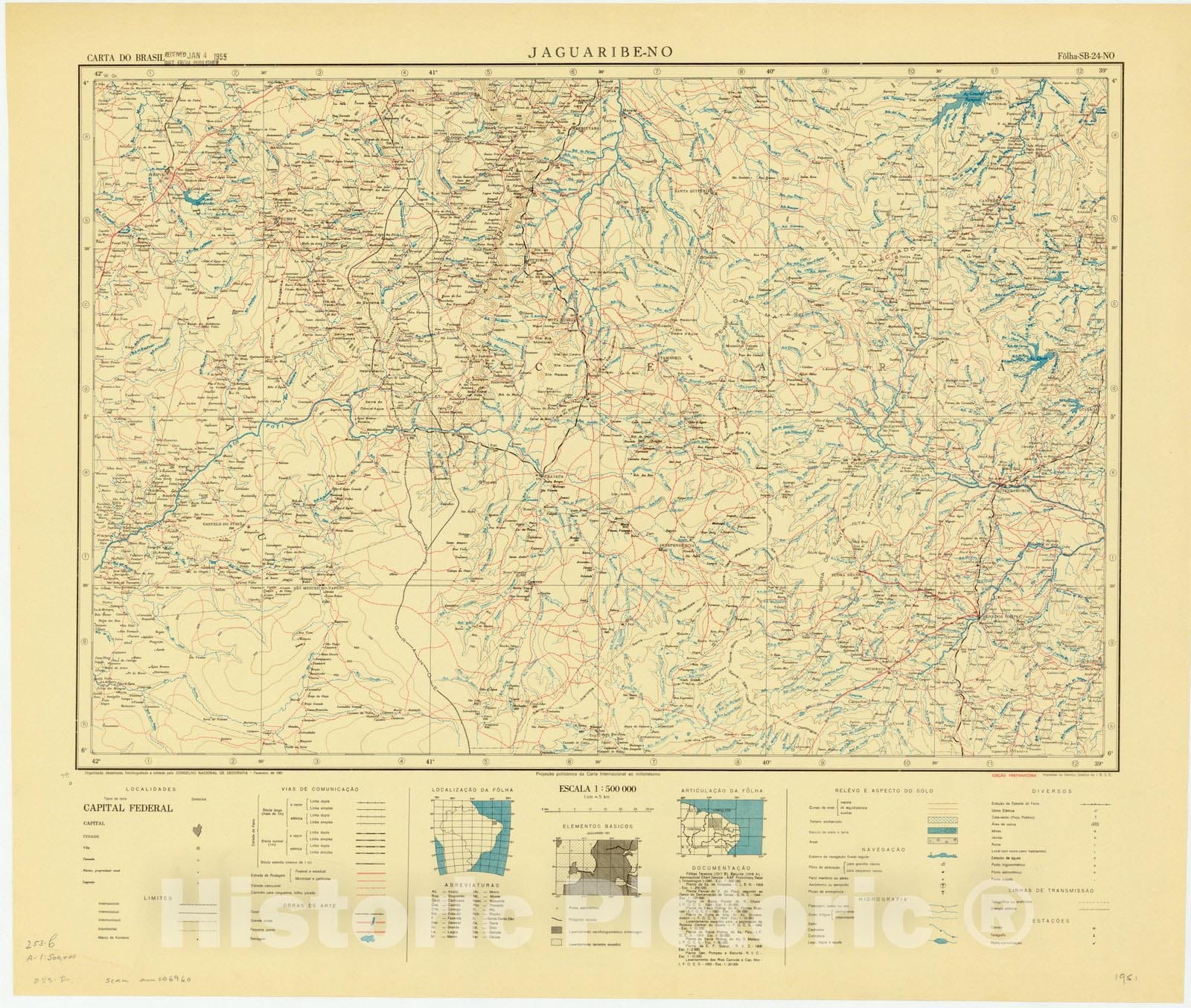 Map : Jaguaribe -NO, Brazil 1950, Carta do Brasil , Antique Vintage Reproduction