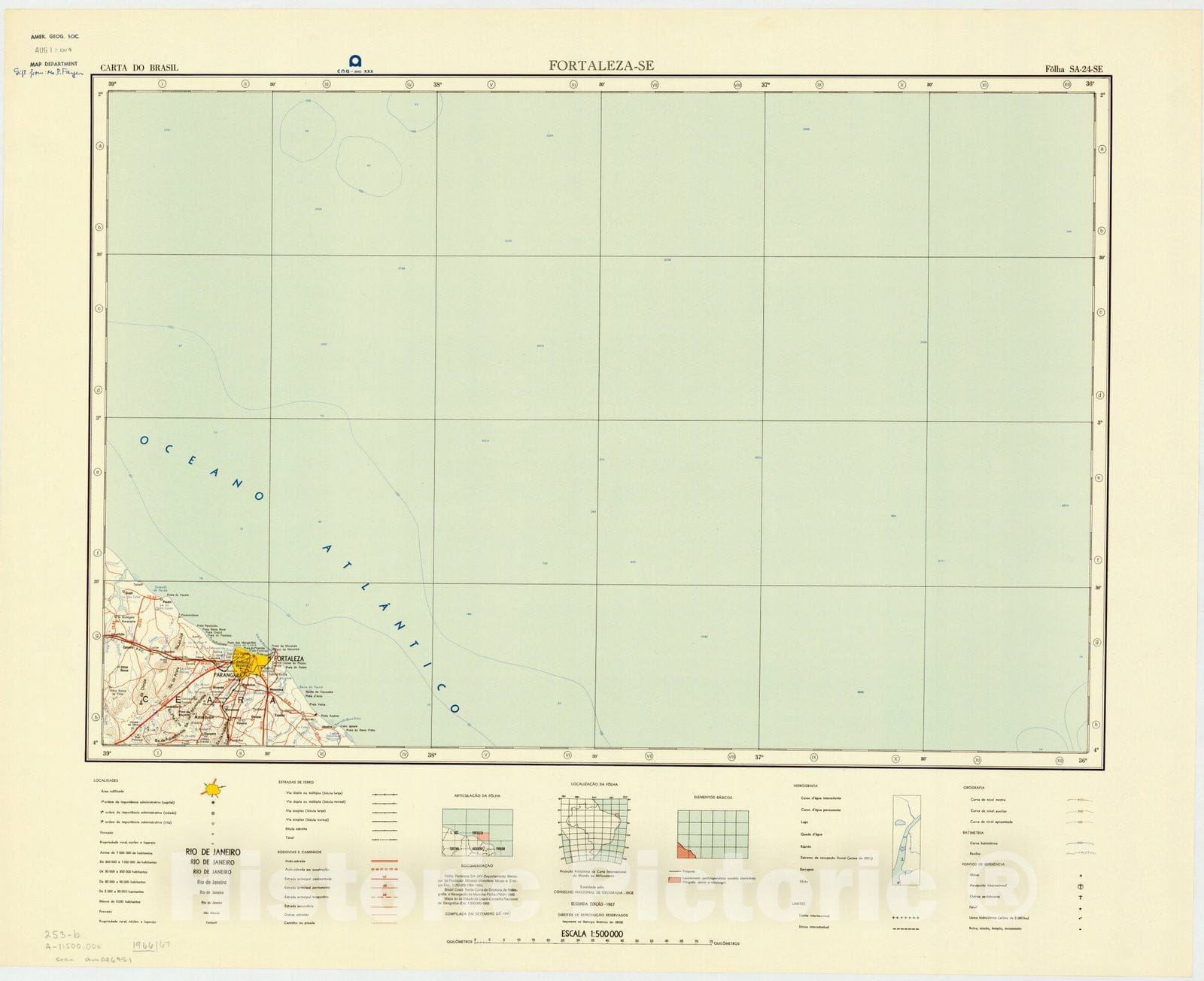 Map : Fortaleza - SE, Brazil 1967, Carta do Brasil , Antique Vintage Reproduction