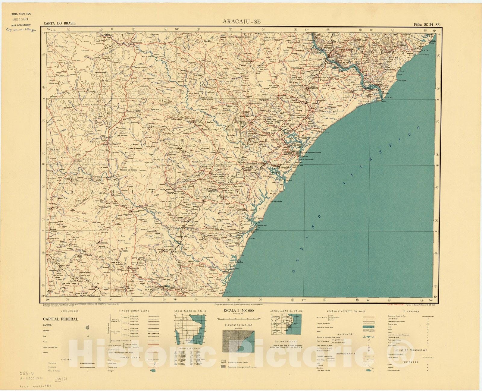 Map : Aracaju - SE, Brazil 1954, Carta do Brasil , Antique Vintage Reproduction