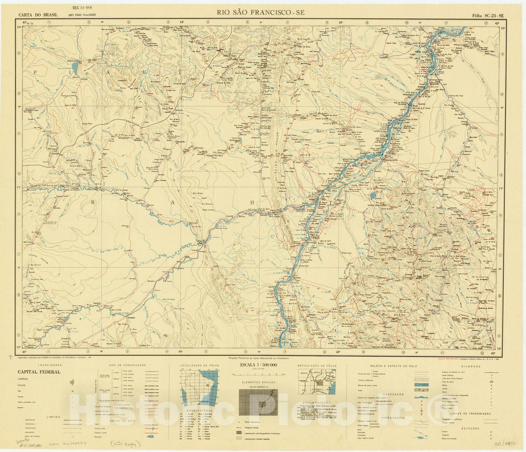 Map : Rio Sao Francisco - SE, Brazil 1951, Carta do Brasil , Antique Vintage Reproduction