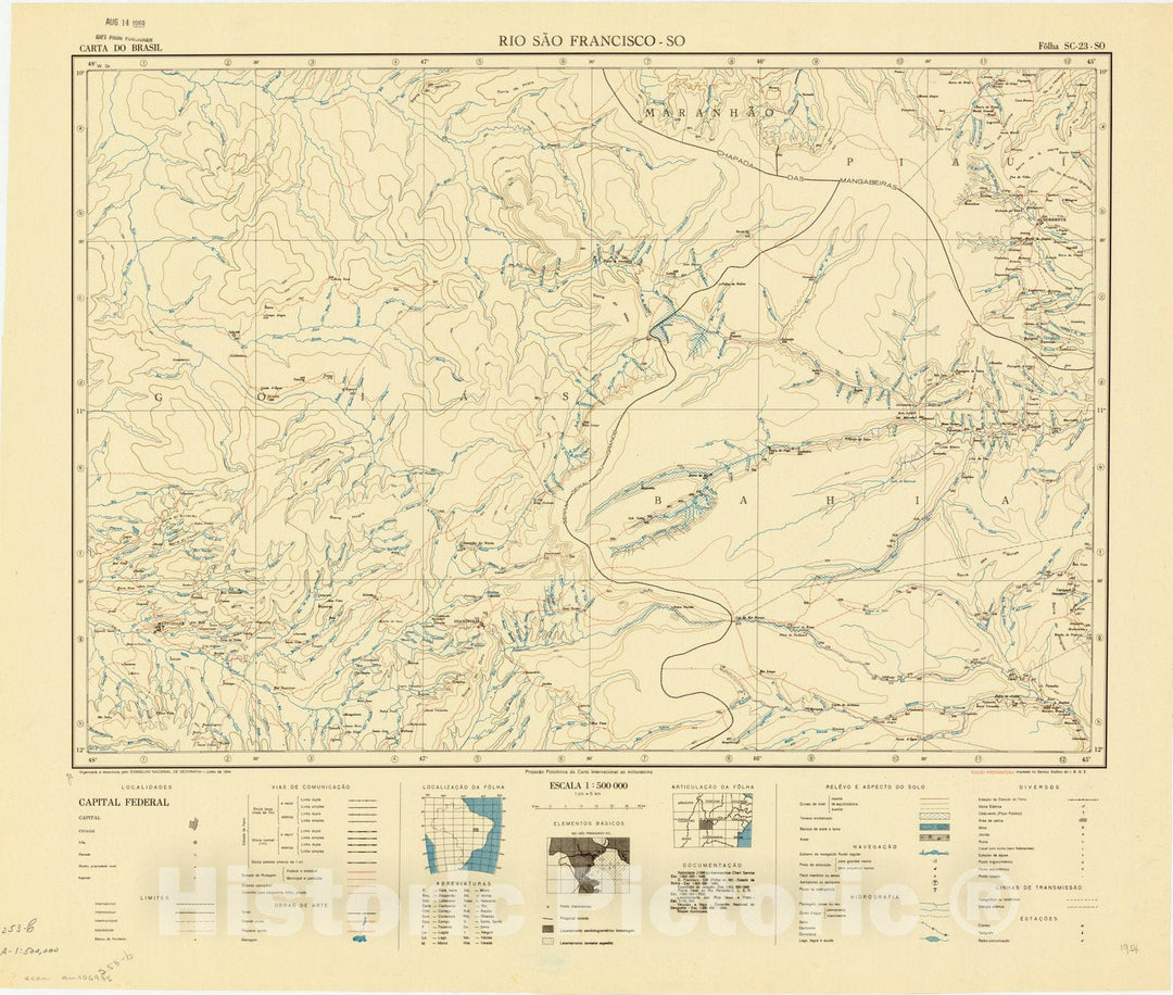 Map : Rio Sao Francisco - SO, Brazil 1954, Carta do Brasil , Antique Vintage Reproduction