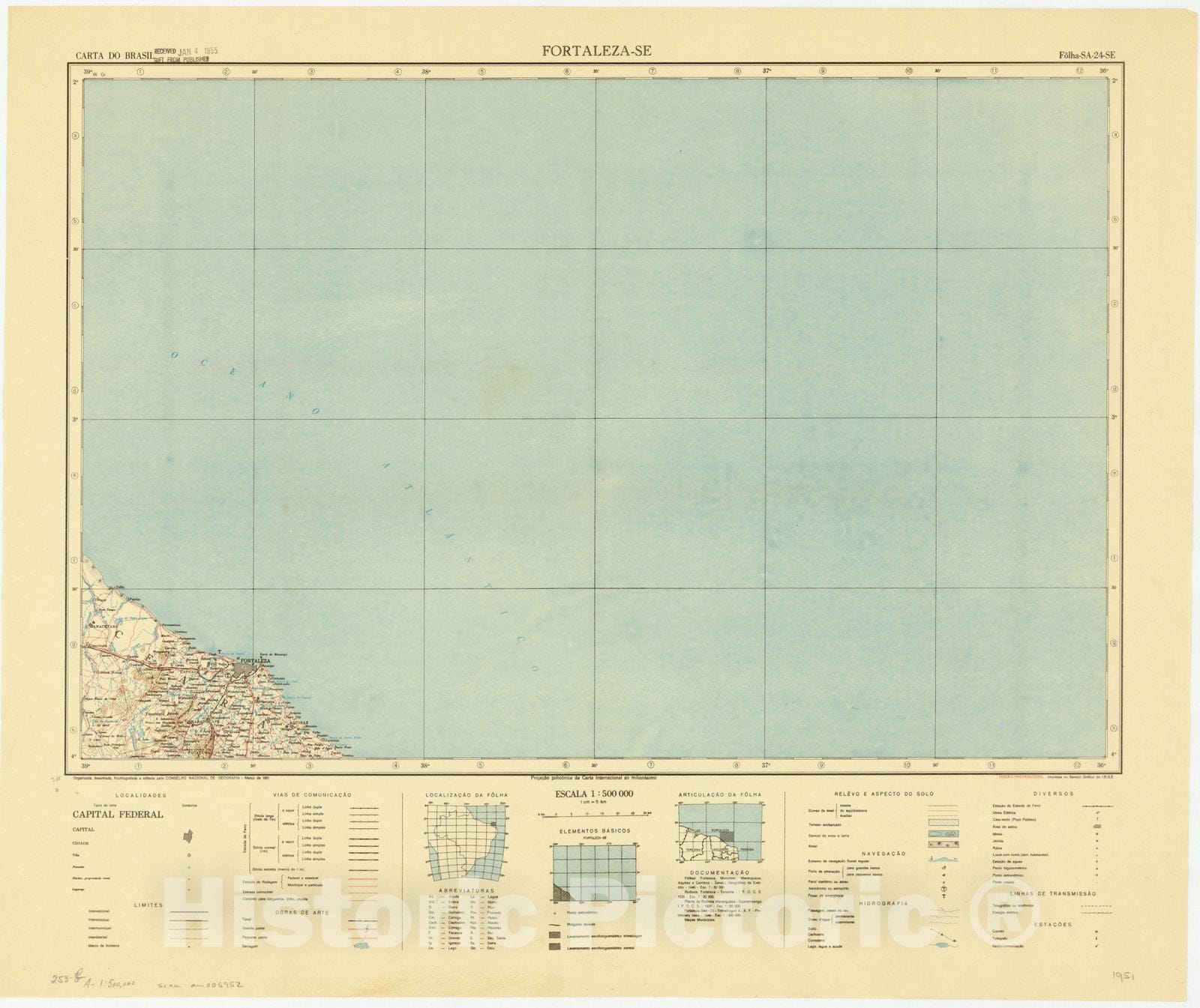 Map : Fortaleza - SE, Brazil 1952, Carta do Brasil , Antique Vintage Reproduction