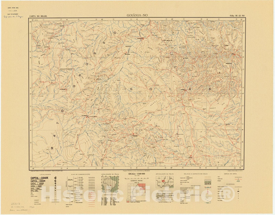 Map : Goiania - NO, Brazil 1964, Carta do Brasil , Antique Vintage Reproduction