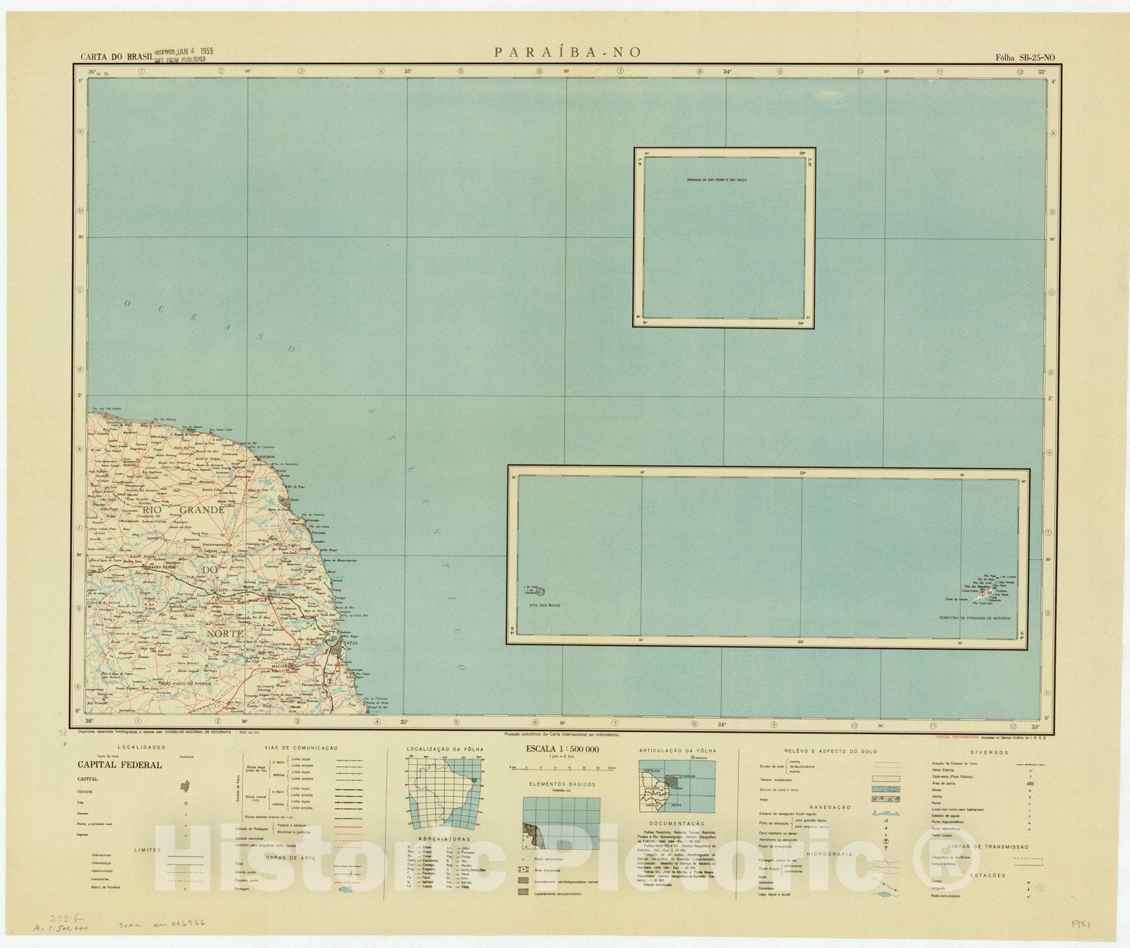 Map : Paraiba - NO, Brazil 1951, Carta do Brasil , Antique Vintage Reproduction