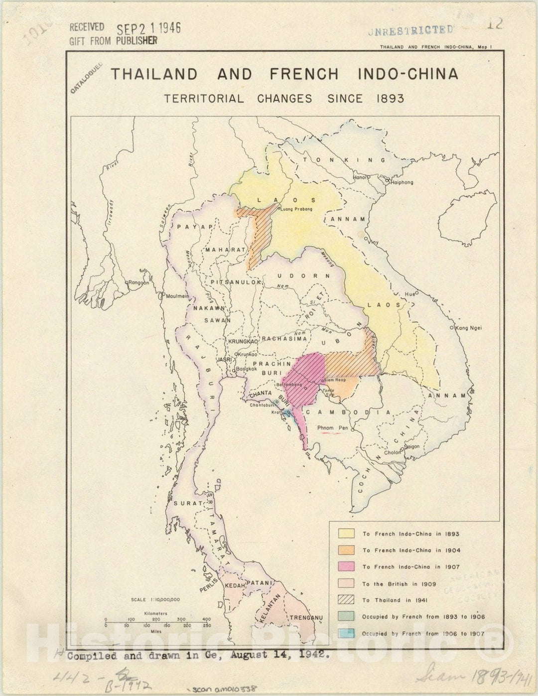 Map : Indochina 1942, Thailand and French Indo-China territorial changes since 1893 , Antique Vintage Reproduction