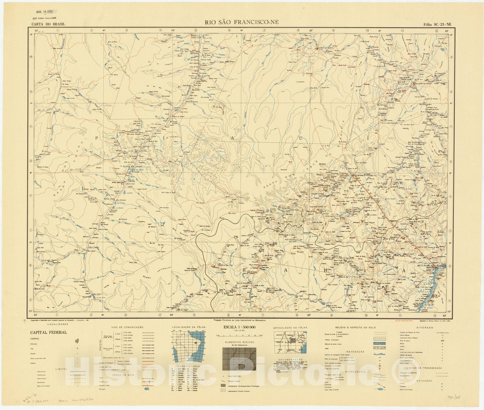 Map : Rio Sao Francisco - NE, Brazil 1951, Carta do Brasil , Antique Vintage Reproduction