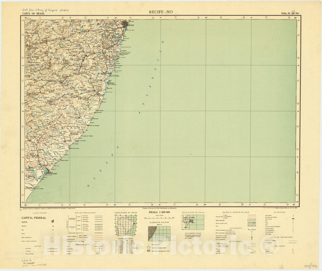 Map : Recife - NO, Brazil 1955, Carta do Brasil , Antique Vintage Reproduction