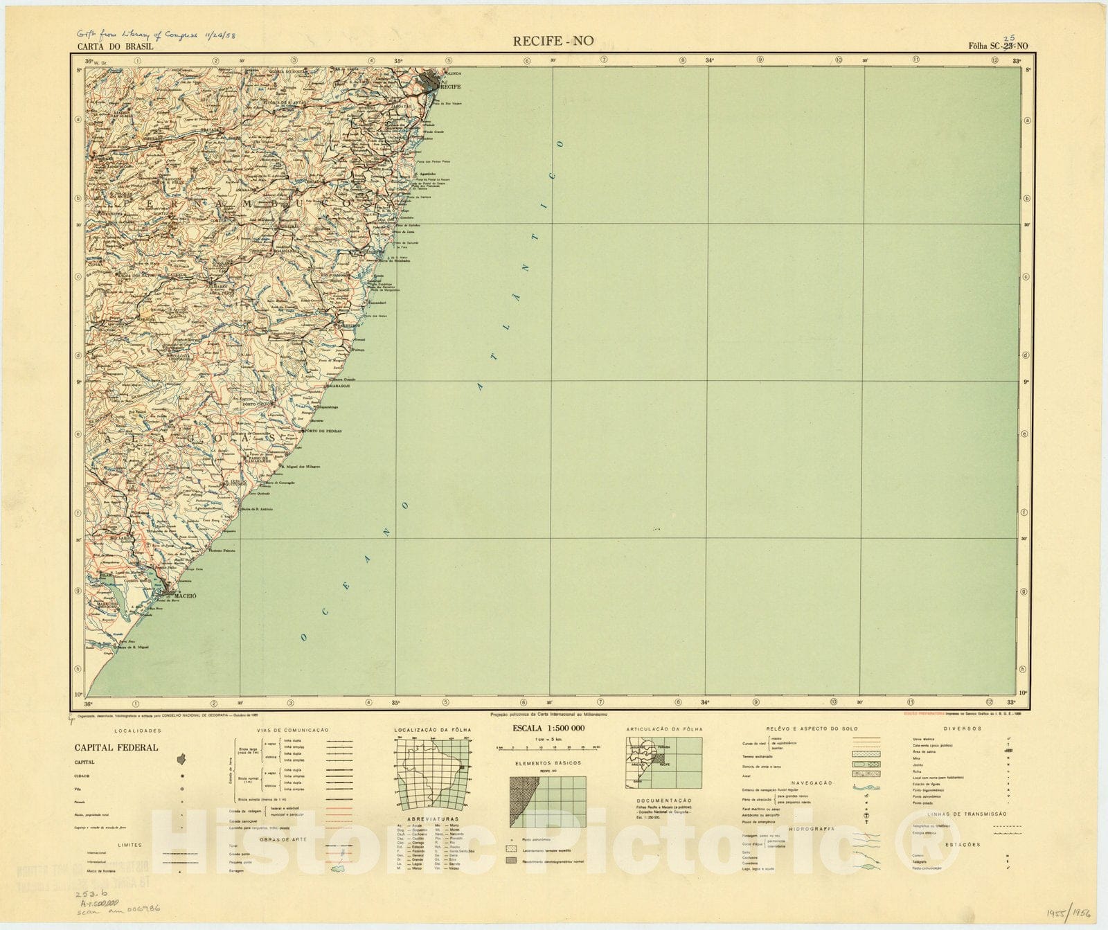 Map : Recife - NO, Brazil 1955, Carta do Brasil , Antique Vintage Reproduction