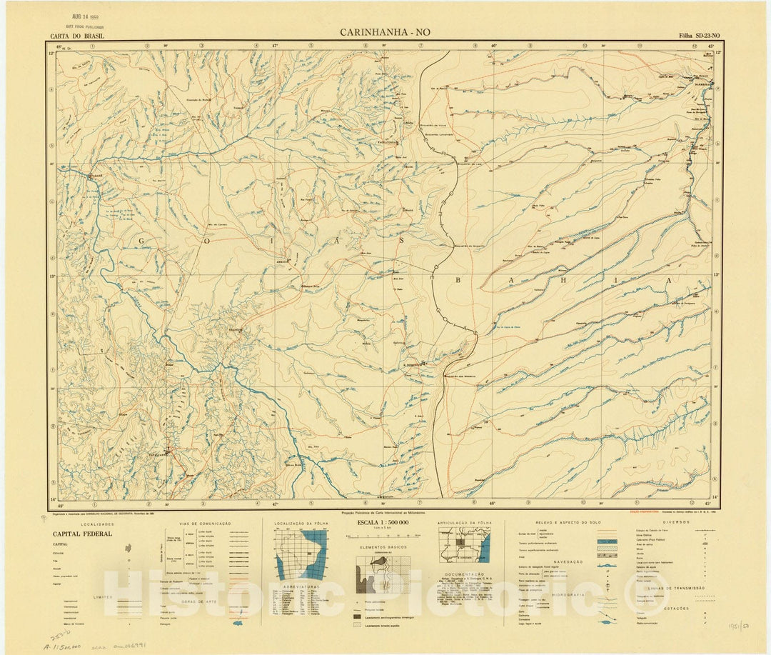 Map : Carinhanha - NO, Brazil 1951, Carta do Brasil , Antique Vintage Reproduction