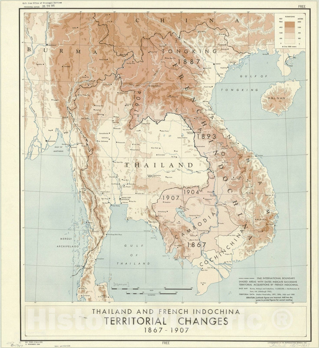 Map : Indochina 1944, Thailand and French Indochina, territorial changes : 1867-1907 , Antique Vintage Reproduction