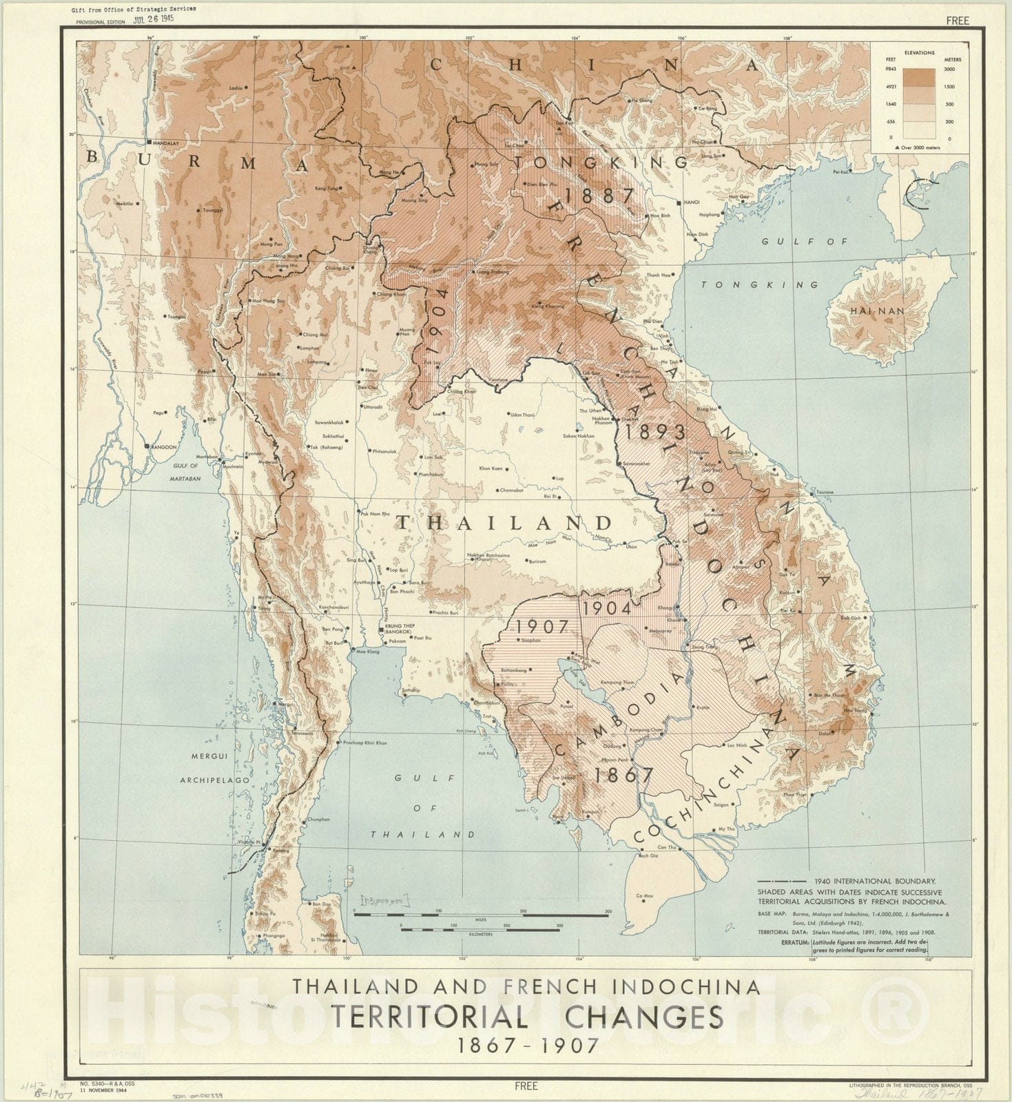 Map : Indochina 1944, Thailand and French Indochina, territorial changes : 1867-1907 , Antique Vintage Reproduction