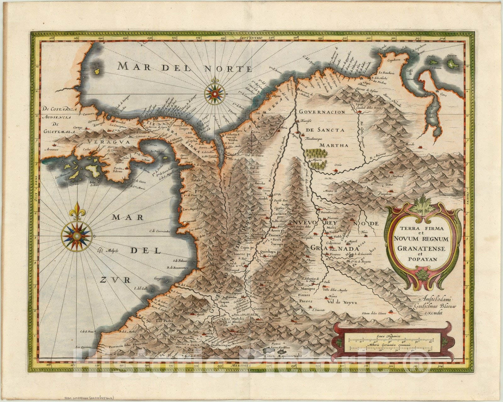 Map : Panama and northern South America 1631, Terra Firma et Novum Regnum Granatense et Popayan, Antique Vintage Reproduction