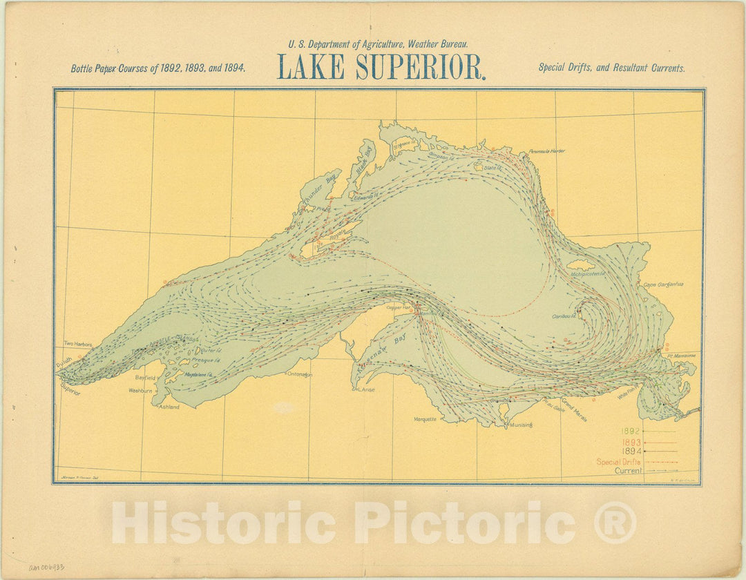 Historic Map : Great Lakes 1895 5, Surface currents of the Great Lakes, as deduced from the movements of bottle papers during the seasons of 1892, 1893, and 1894.