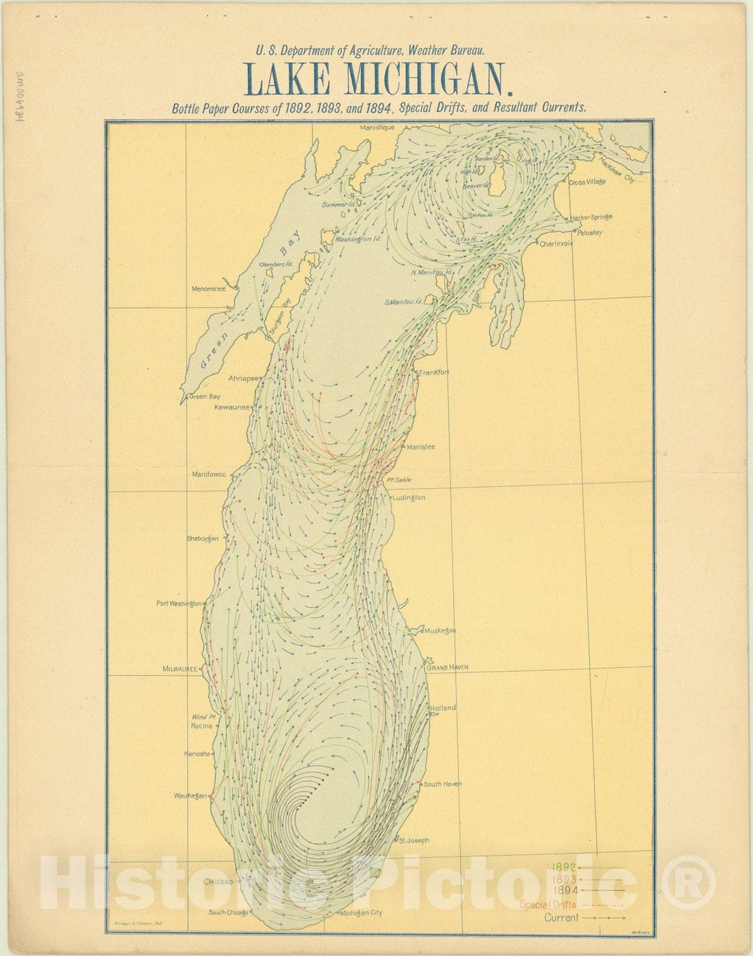 Historic Map : Great Lakes 1895 6, Surface currents of the Great Lakes, as deduced from the movements of bottle papers during the seasons of 1892, 1893, and 1894.