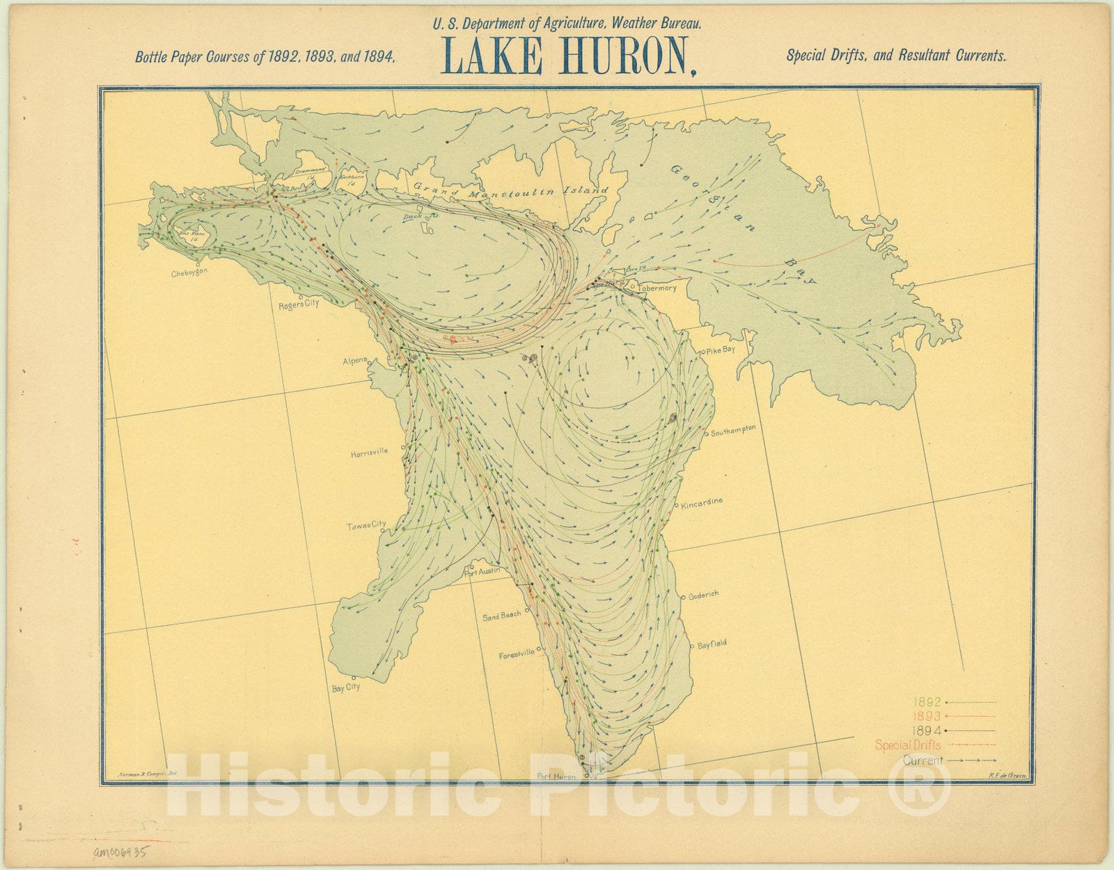 Historic Map : Great Lakes 1895 1, Surface currents of the Great Lakes, as deduced from the movements of bottle papers during the seasons of 1892, 1893, and 1894.