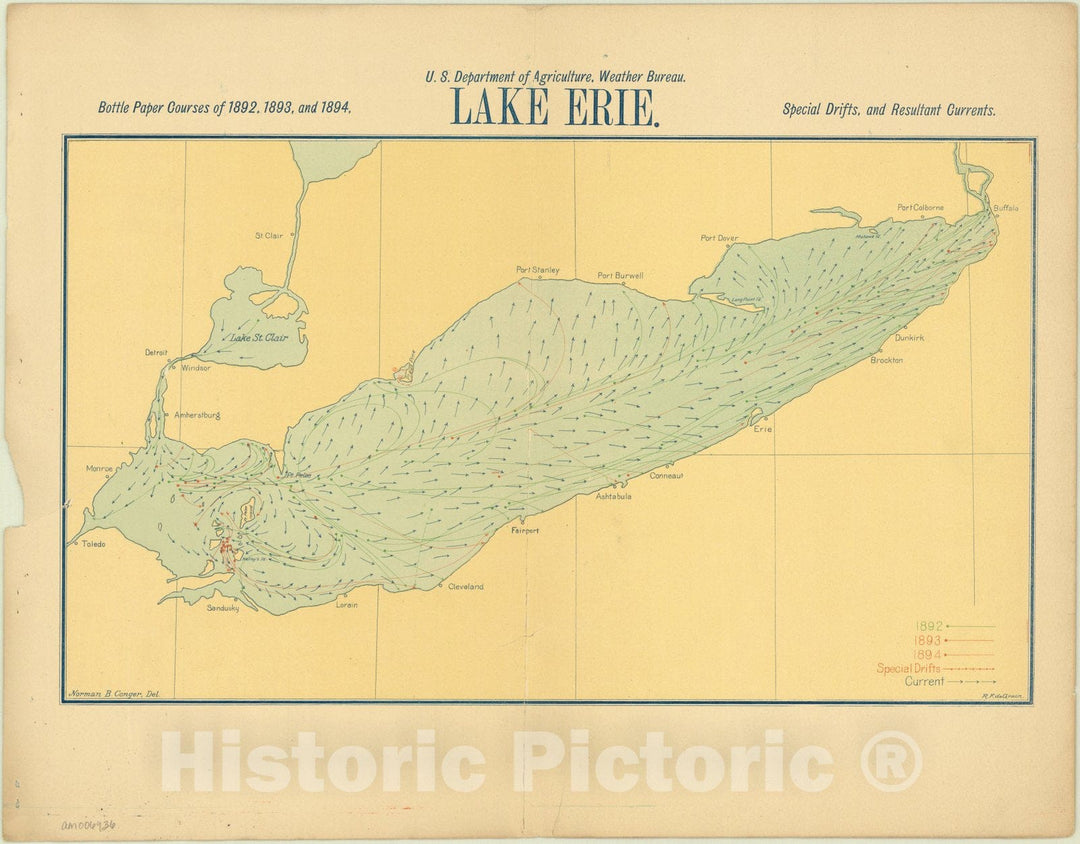 Historic Map : Great Lakes 1895 2, Surface currents of the Great Lakes, as deduced from the movements of bottle papers during the seasons of 1892, 1893, and 1894.