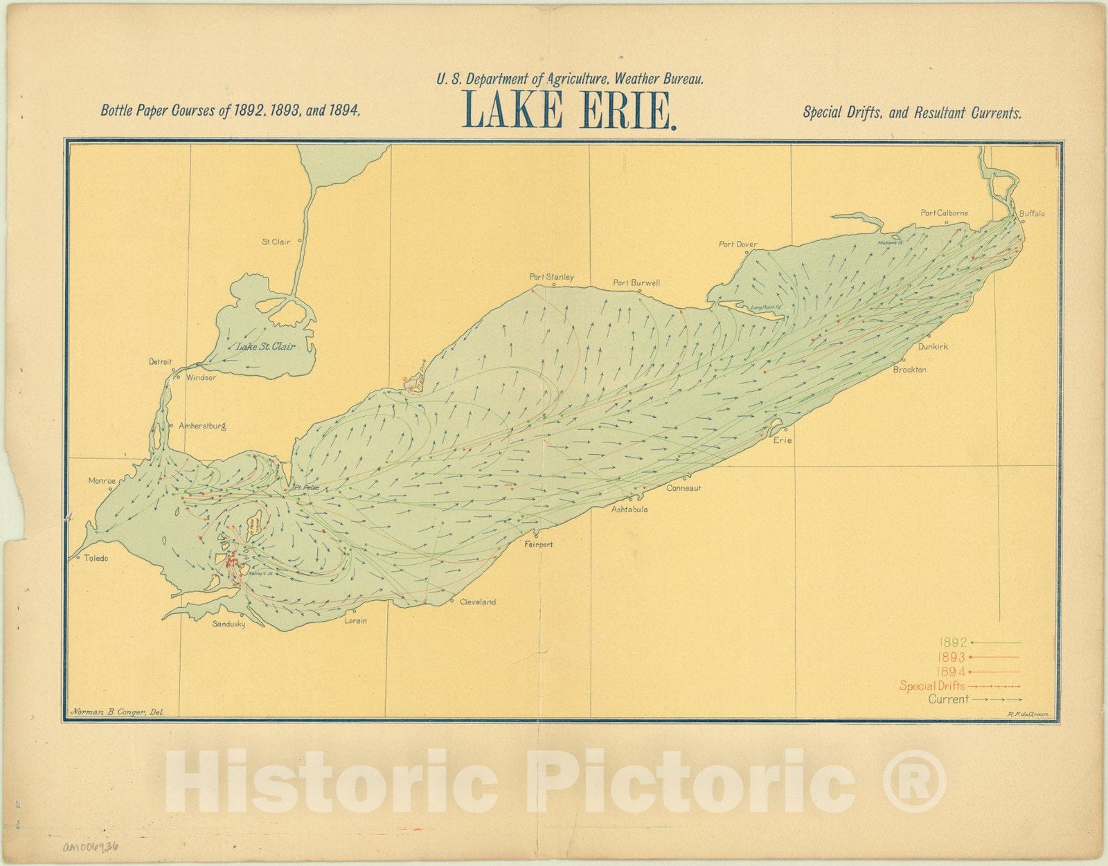 Historic Map : Great Lakes 1895 2, Surface currents of the Great Lakes, as deduced from the movements of bottle papers during the seasons of 1892, 1893, and 1894.