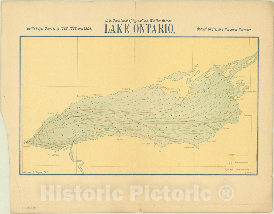 Historic Map : Great Lakes 1895 3, Surface currents of the Great Lakes, as deduced from the movements of bottle papers during the seasons of 1892, 1893, and 1894.