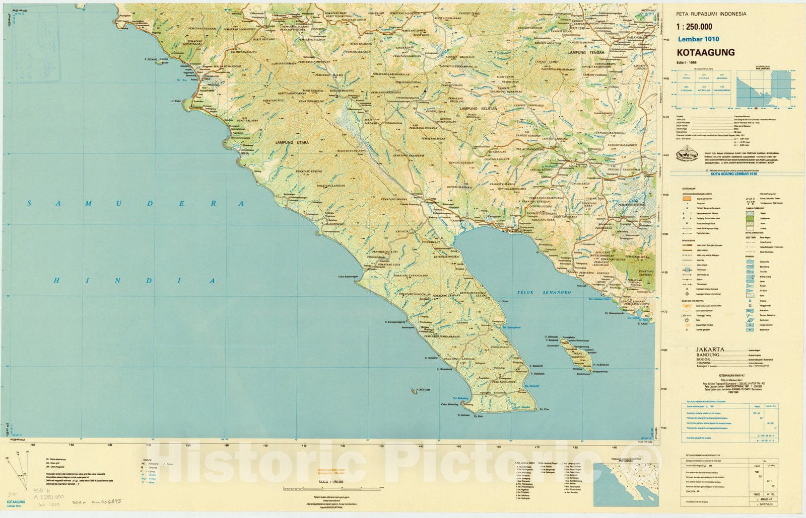 Map : Kotaagung, Indonesia 1985, Peta rupabumi Indonesia, 1:250,000 , Antique Vintage Reproduction