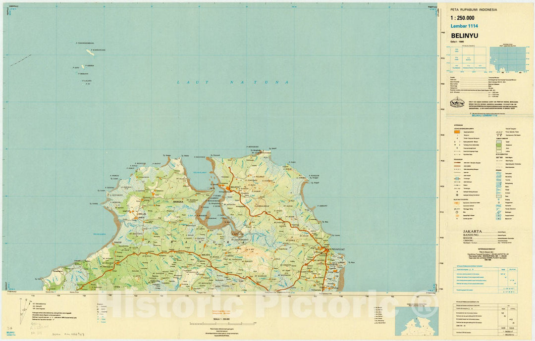 Map : Belinyu, Indonesia 1986, Peta rupabumi Indonesia, 1:250,000 , Antique Vintage Reproduction