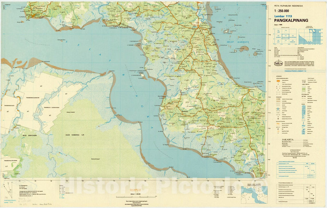 Map : Pangkalpinang, Indonesia 1986, Peta rupabumi Indonesia, 1:250,000 , Antique Vintage Reproduction