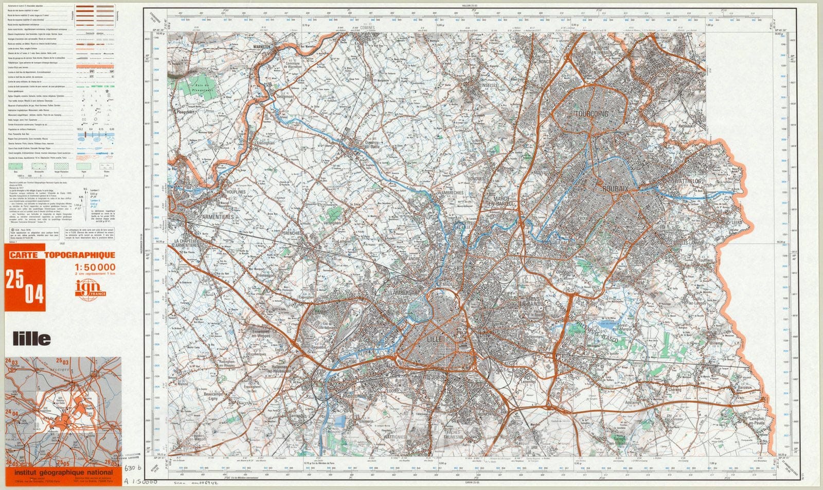 Map : Lille, France 1978, Carte topographique 1:50 000 Lille , Antique Vintage Reproduction