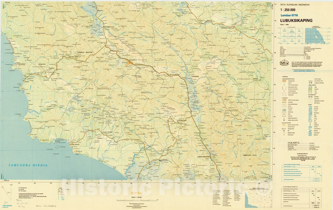 Map : Lubuk Sikaping, Indonesia 1985, Peta rupabumi Indonesia, 1:250,000 , Antique Vintage Reproduction