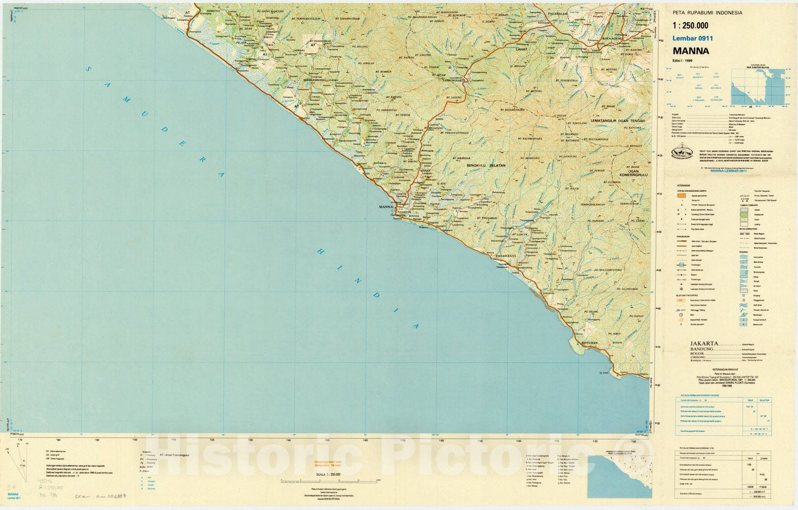 Map : Manna, Indonesia 1985, Peta rupabumi Indonesia, 1:250,000 , Antique Vintage Reproduction