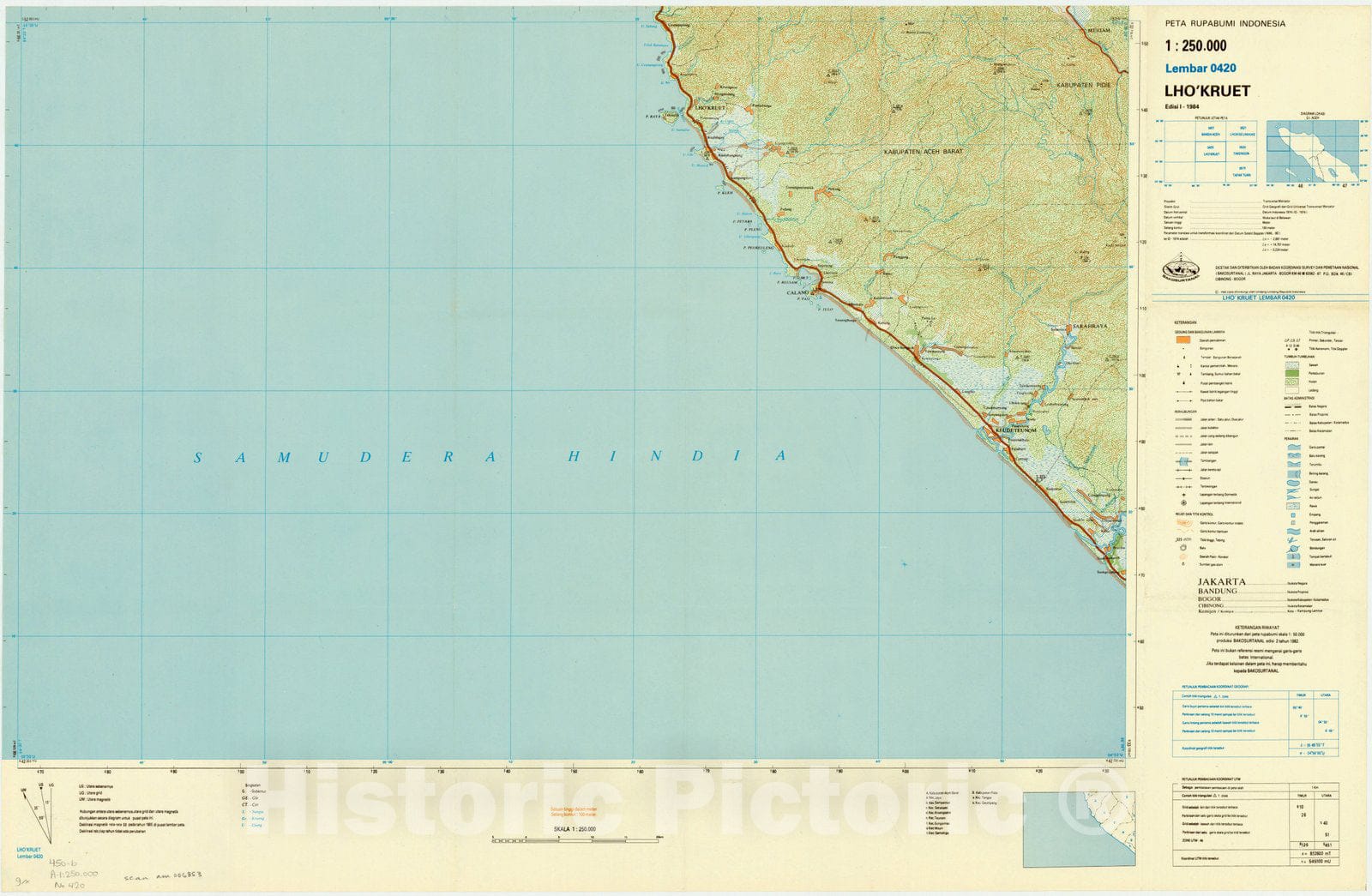 Map : Lho'Kruet, Indonesia 1982, Peta rupabumi Indonesia, 1:250,000 , Antique Vintage Reproduction