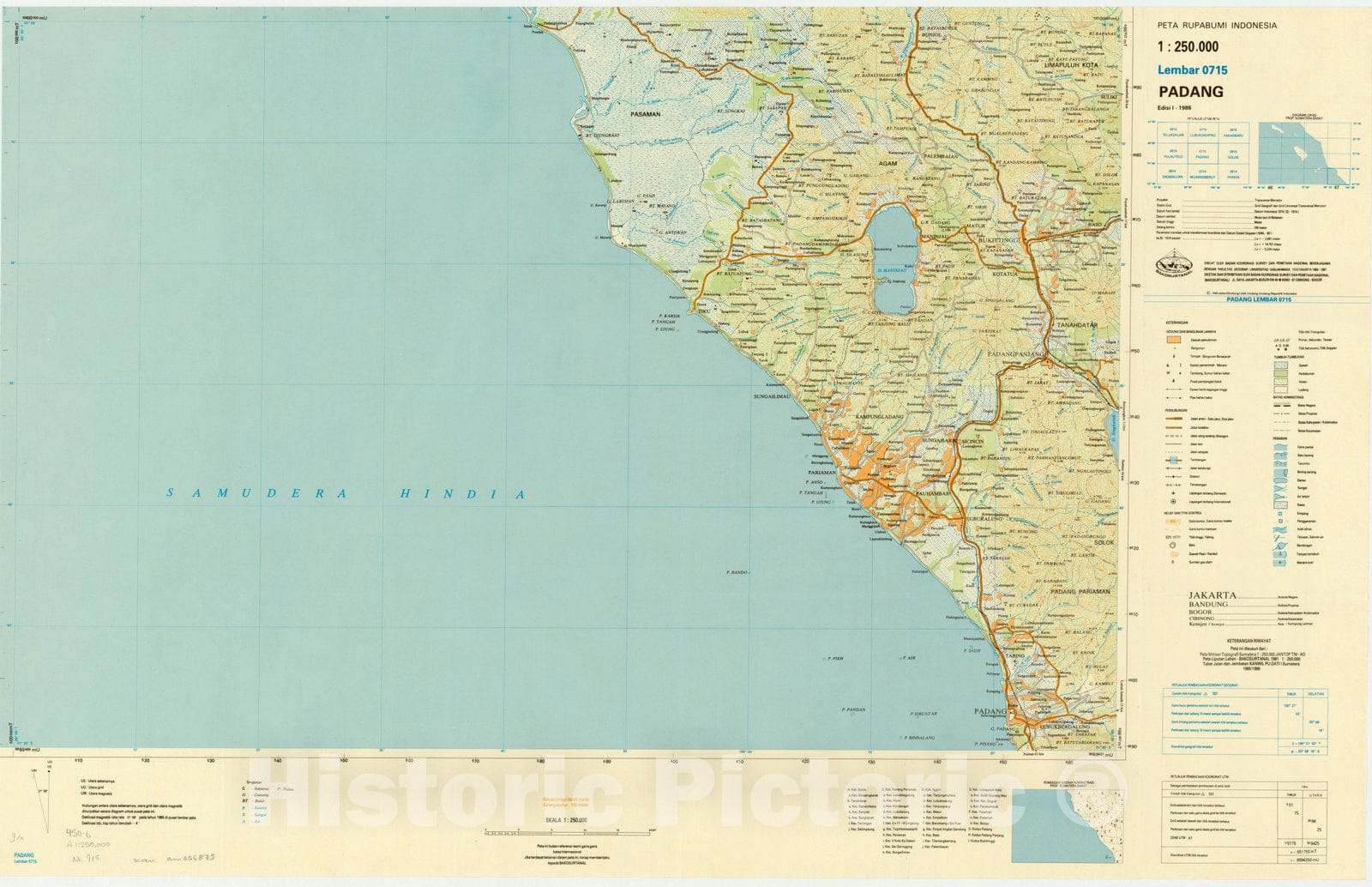 Map : Padang, Indonesia 1985, Peta rupabumi Indonesia, 1:250,000 , Antique Vintage Reproduction