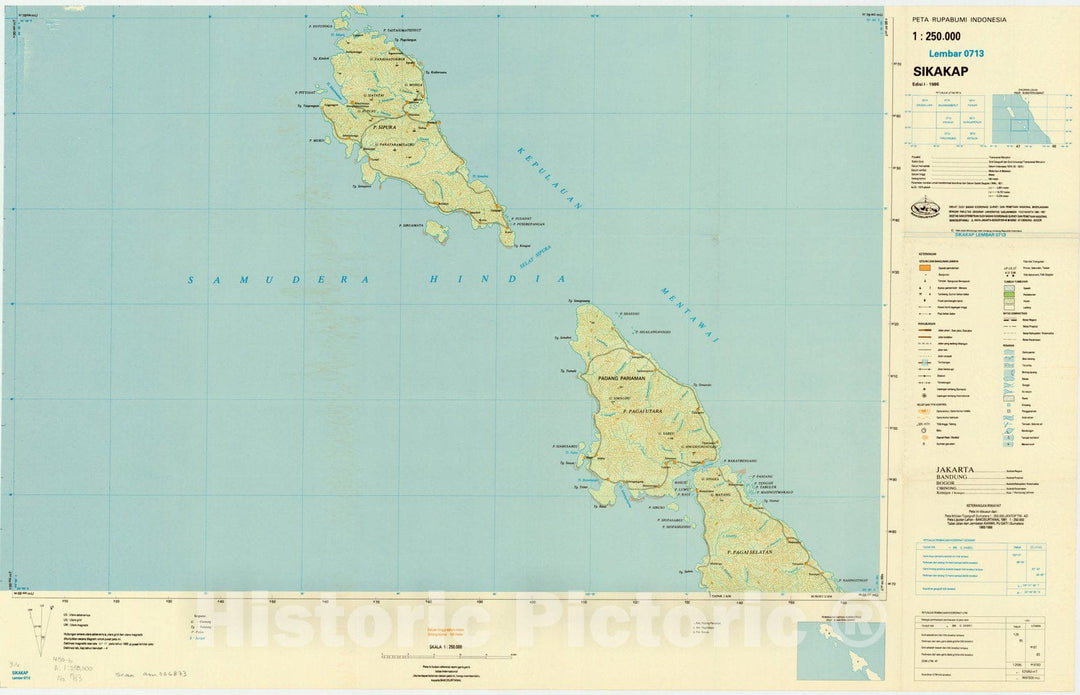 Map : Sikakap, Indonesia 1985, Peta rupabumi Indonesia, 1:250,000 , Antique Vintage Reproduction