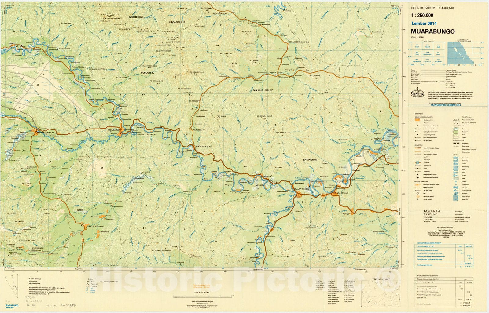 Map : Muarabungo, Indonesia 1985, Peta rupabumi Indonesia, 1:250,000 , Antique Vintage Reproduction