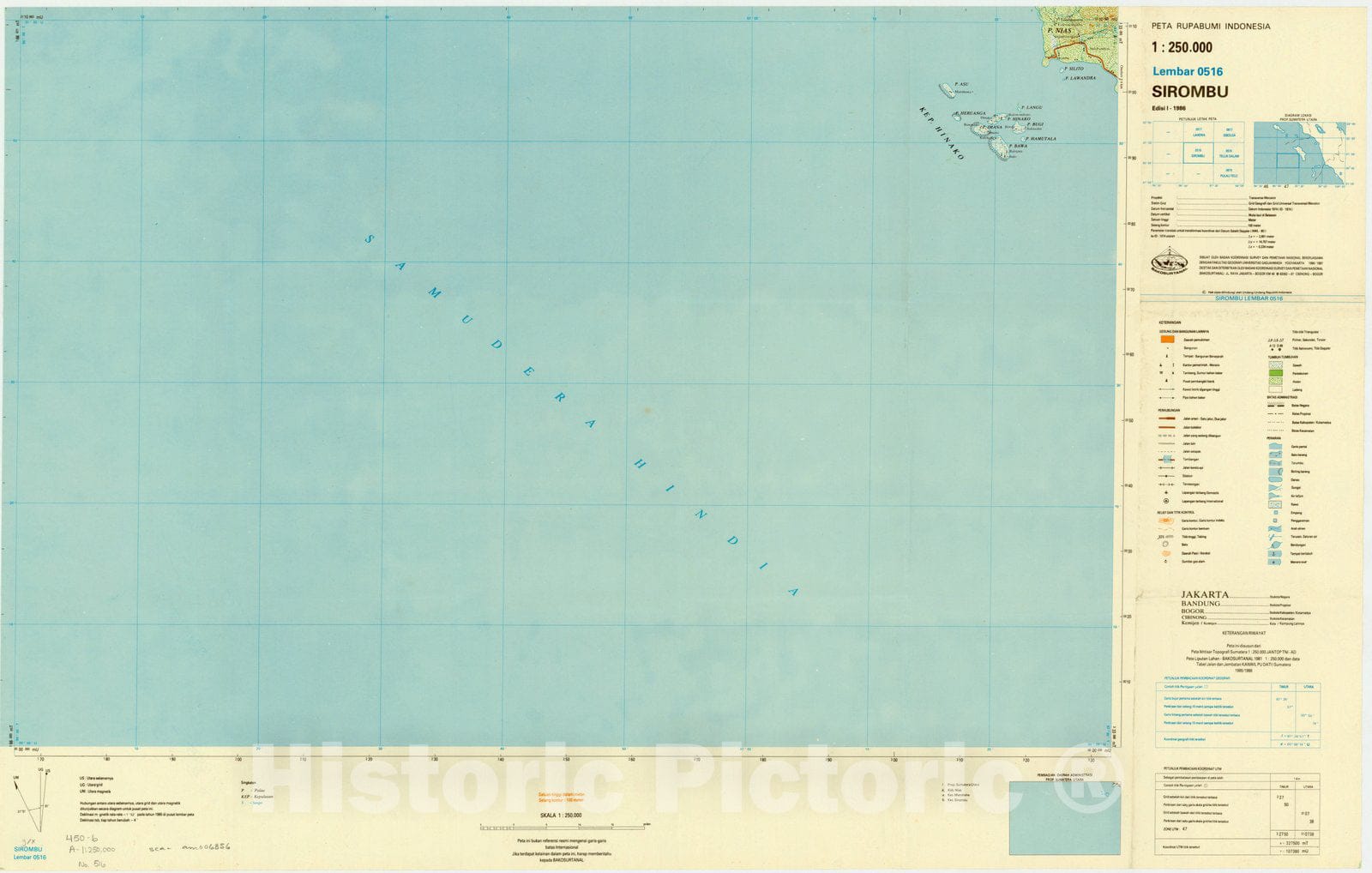 Map : Sirombu, Indonesia 1985, Peta rupabumi Indonesia, 1:250,000 , Antique Vintage Reproduction