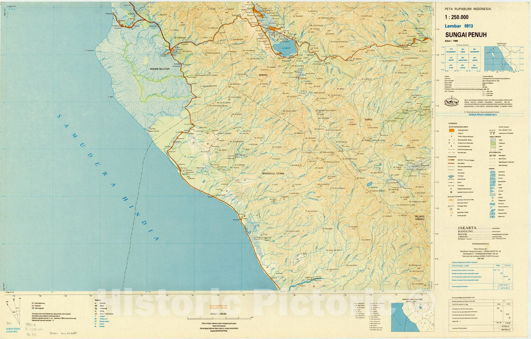 Map : Sungai Penuh, Indonesia 1985, Peta rupabumi Indonesia, 1:250,000 , Antique Vintage Reproduction