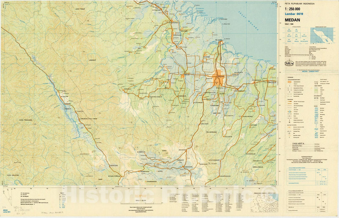 Map : Medan, Indonesia 1985, Peta rupabumi Indonesia, 1:250,000 , Antique Vintage Reproduction