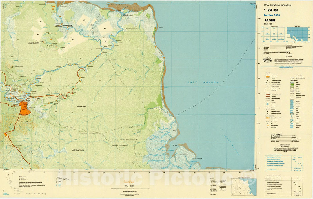 Map : Jambi, Indonesia 1986, Peta rupabumi Indonesia, 1:250,000 , Antique Vintage Reproduction