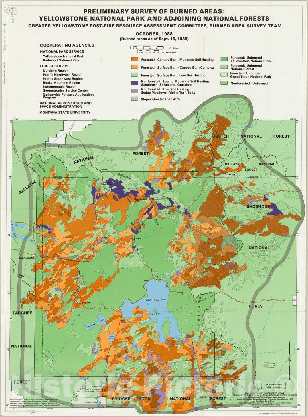 Map : Yellowstone National Park 1988, Preliminary survey of burned areas : Yellowstone National Park and adjoining national forests , Antique Vintage Reproduction