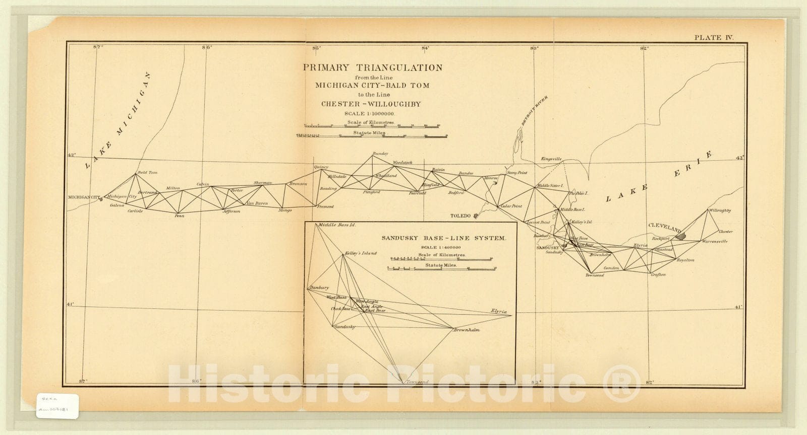 Map : Lake Michigan to Lake Erie 1890, Primary triangulation from the line Michigan City - Bald Taom to the line Chester - Willoughby, Antique Vintage Reproduction