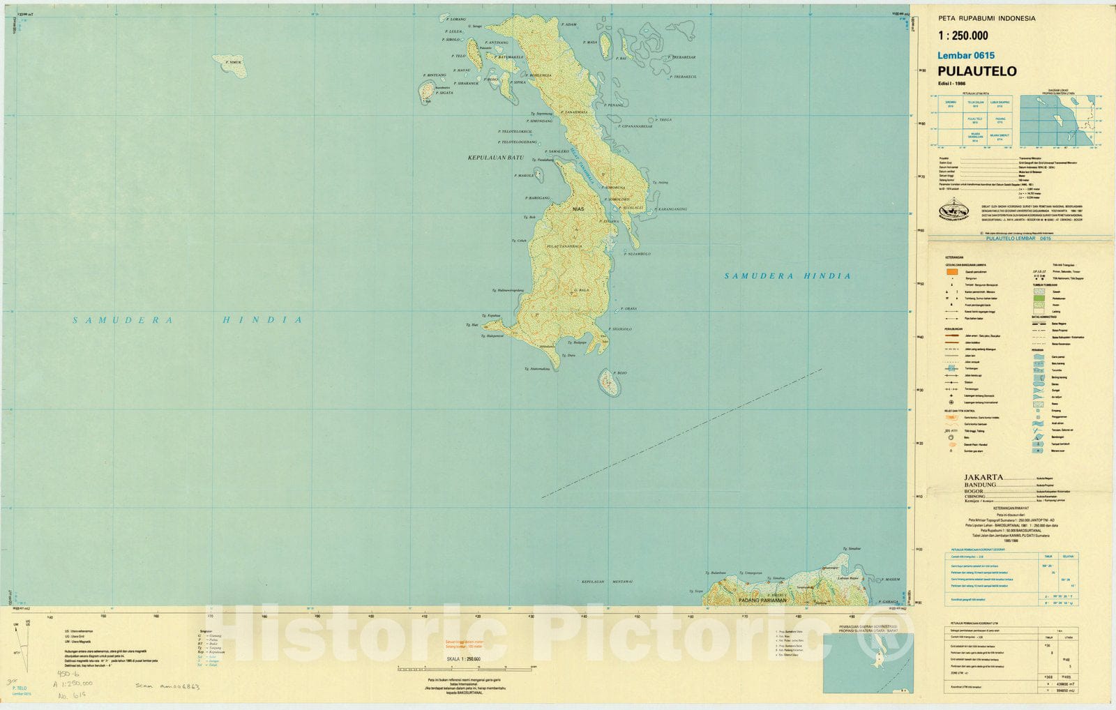 Map : Pulautelo, Indonesia 1985, Peta rupabumi Indonesia, 1:250,000 , Antique Vintage Reproduction