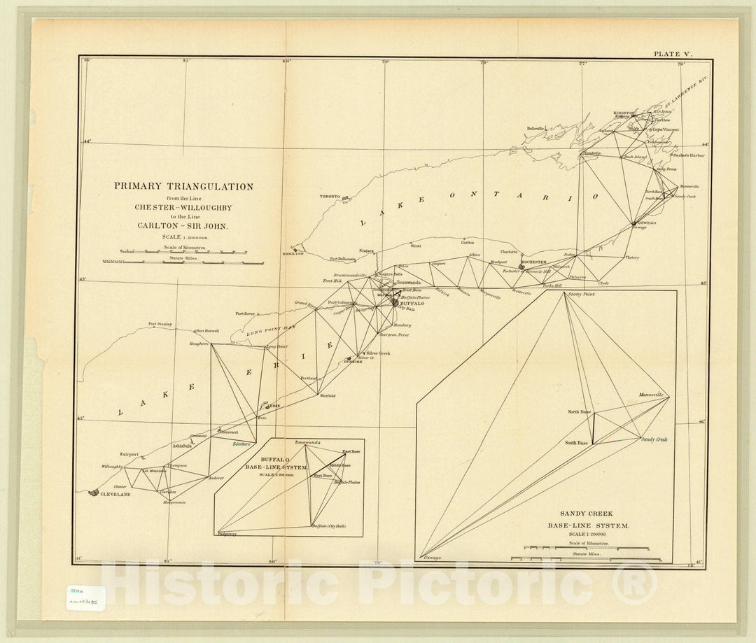 Map : Lake Erie and Lake Ontario 1890, Primary triangulation from the line of Chester-Willoughby to the line Carlton - Sir John, Antique Vintage Reproduction