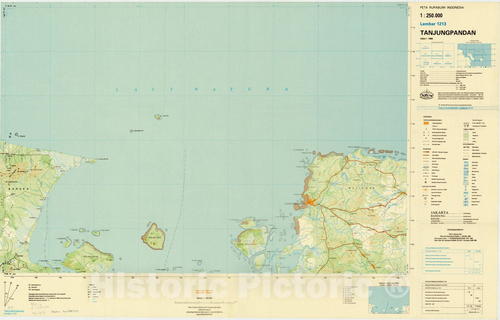 Map : Tanjungpandan, Indonesia 1986, Peta rupabumi Indonesia, 1:250,000 , Antique Vintage Reproduction