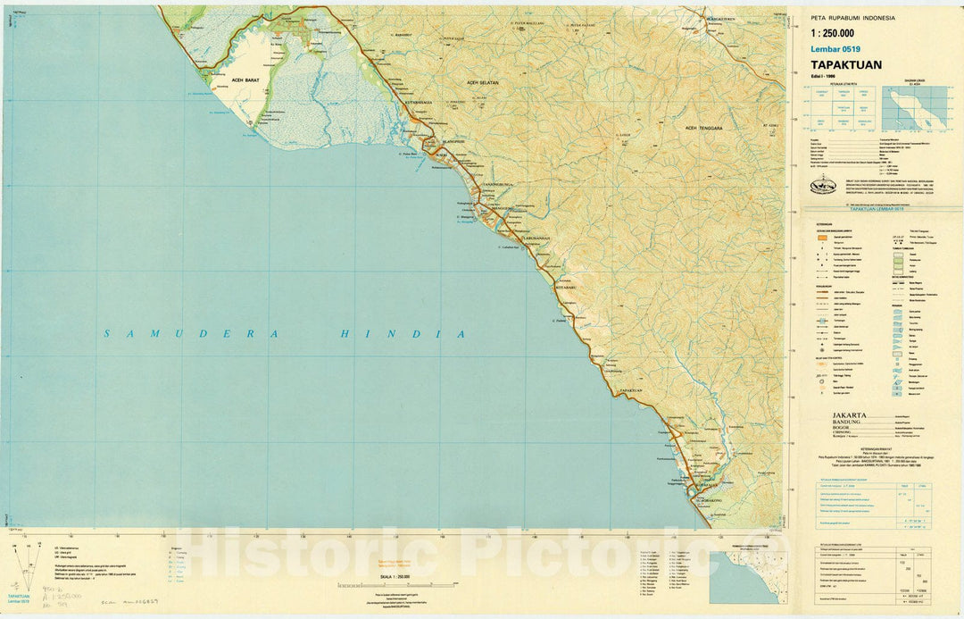 Map : Tapaktuan, Indonesia 1985, Peta rupabumi Indonesia, 1:250,000 , Antique Vintage Reproduction