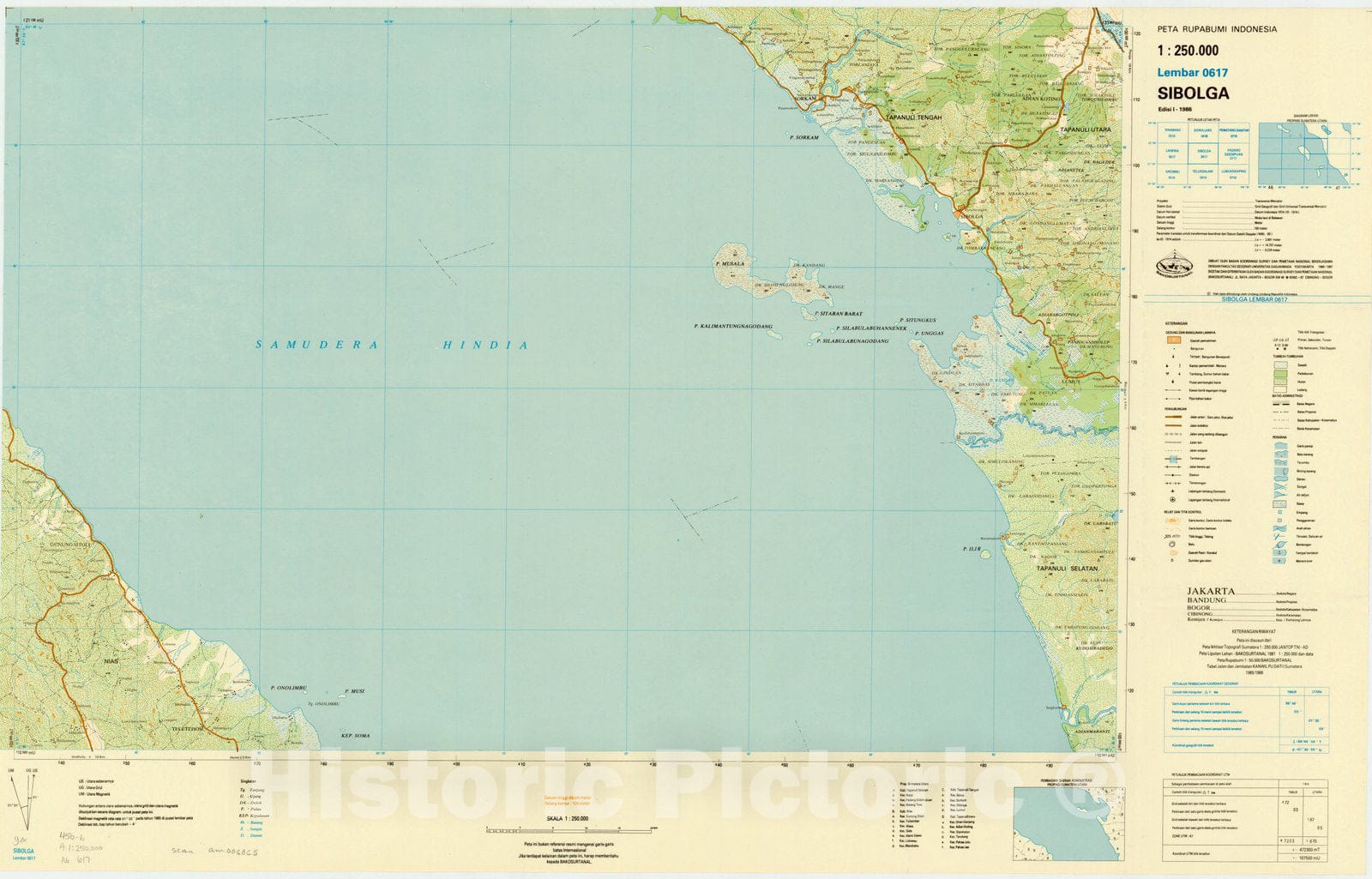 Map : Sibolga, Indonesia 1985, Peta rupabumi Indonesia, 1:250,000 , Antique Vintage Reproduction